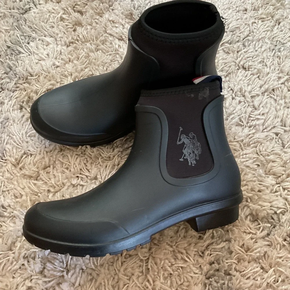 US Polo Assn Veena Women Black Ankle Rain Boots Size 6.5 Matte Waterproof NW9004